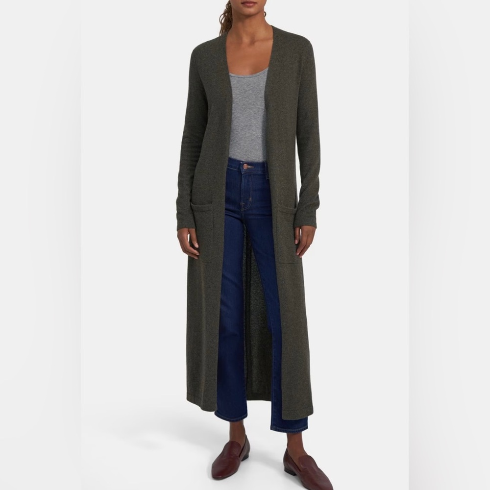 Theory Soft Cashmere Maxi Cardigan in Deep Olive, Size S, Brand New